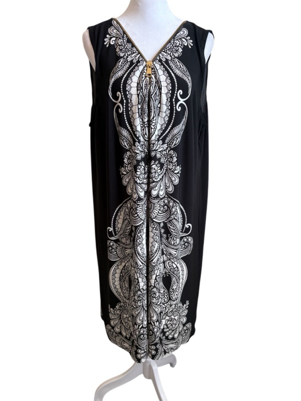XL INC International Concepts Black White Sleeveless Paisley Floral Zip Dress